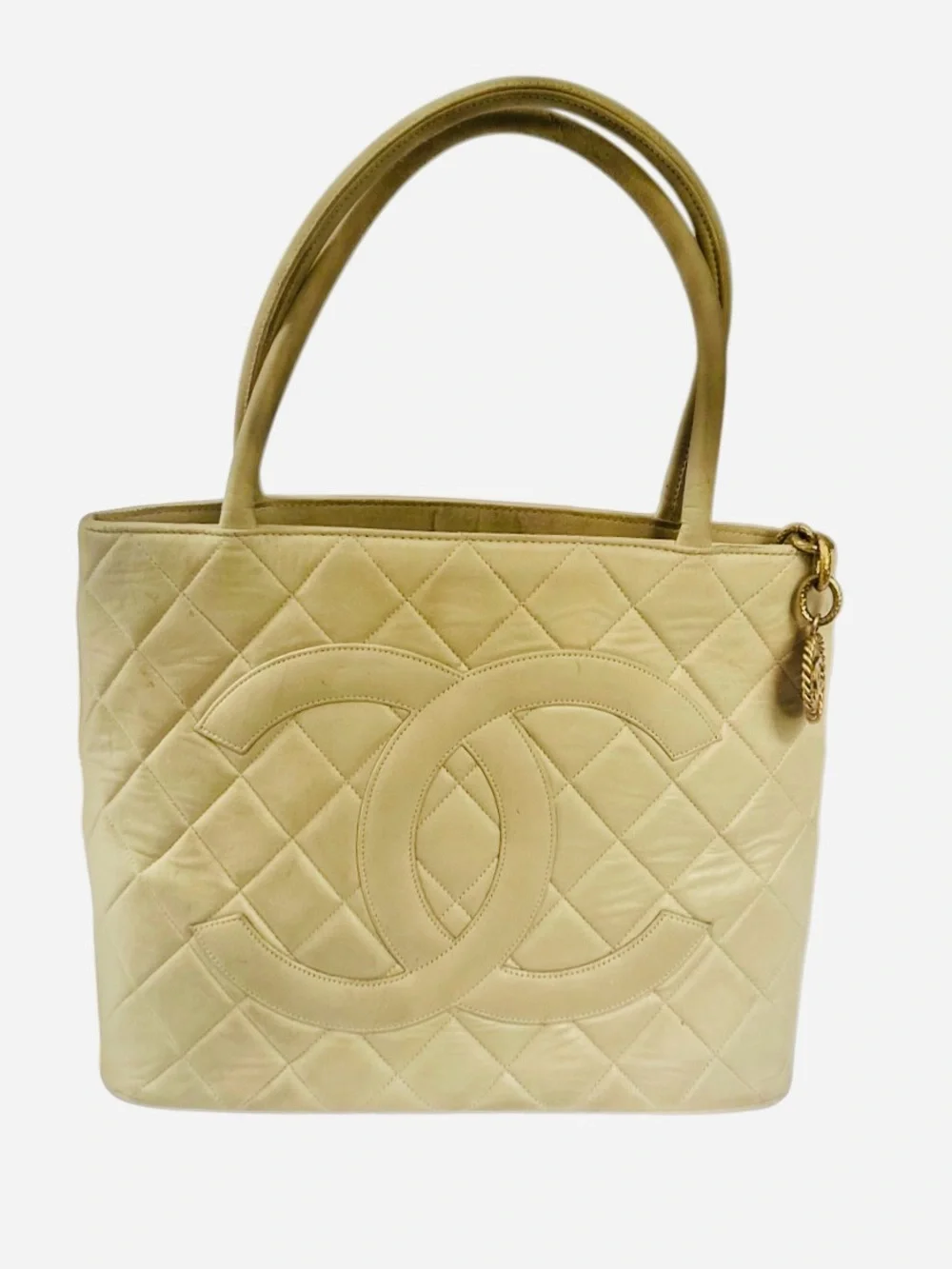 CHANEL Medallion Quilted CC Leather Shoulder Tote in Light Beige